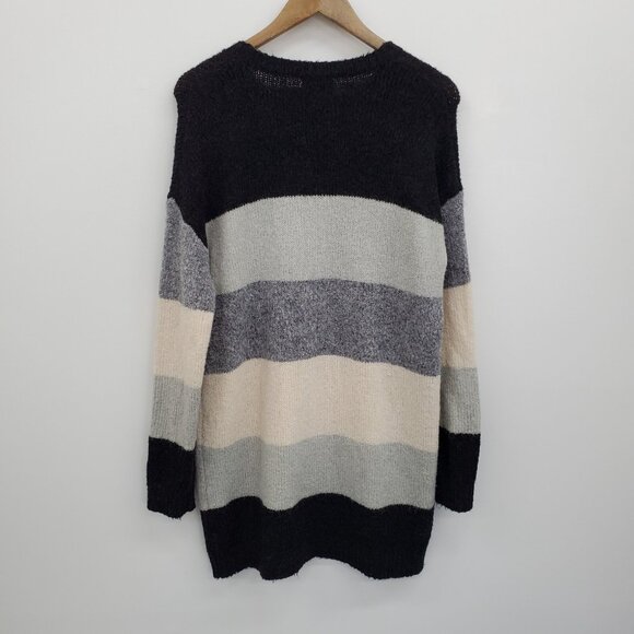 VICI Striped Longline Sweater Soft Knit Pullover Gray Black Beige Cozy Size L - Picture 5 of 16
